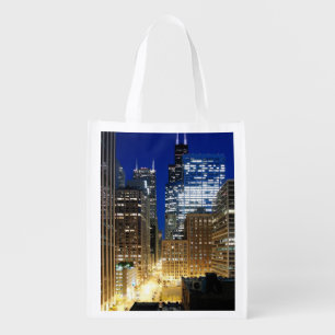 Night view of cityscape of Chicago Reusable Grocery Bag