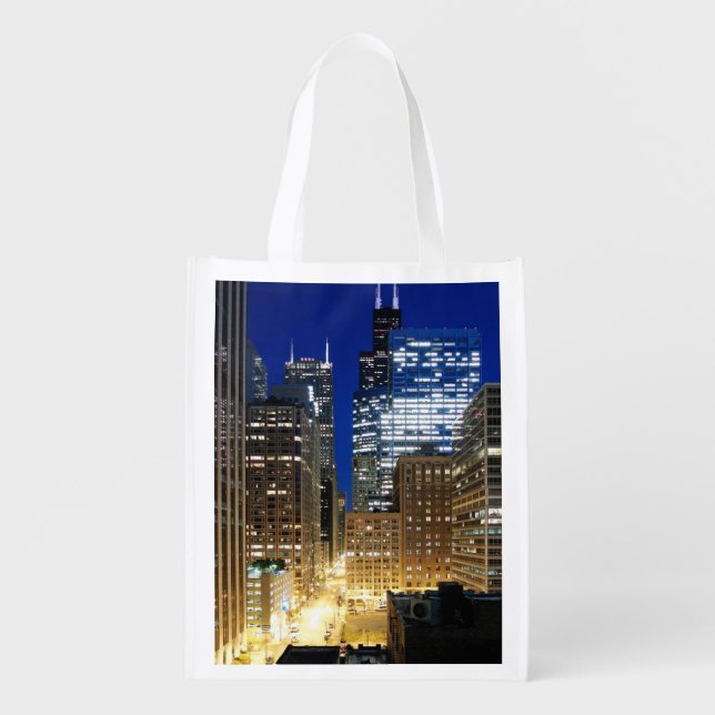 Night view of cityscape of Chicago Reusable Grocery Bag (Front)