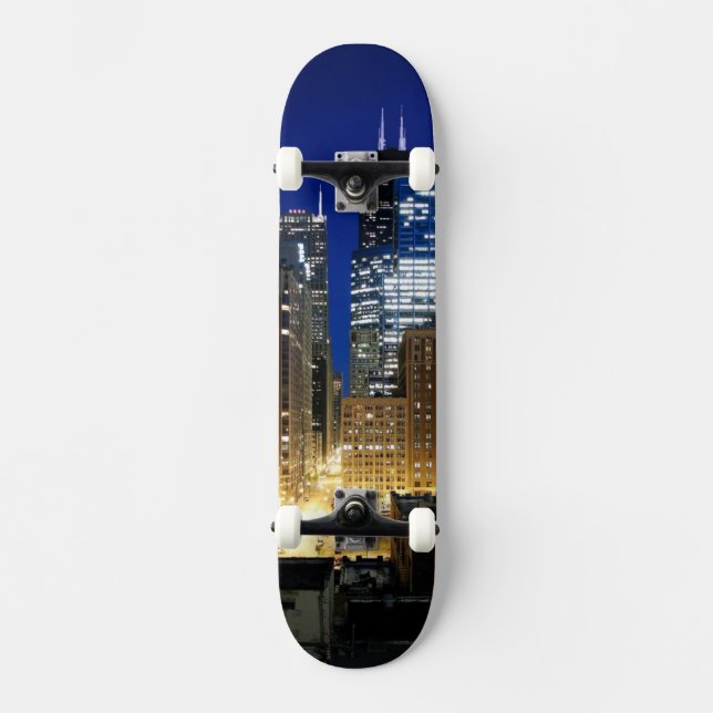 Night view of cityscape of Chicago Skateboard Deck (Front)