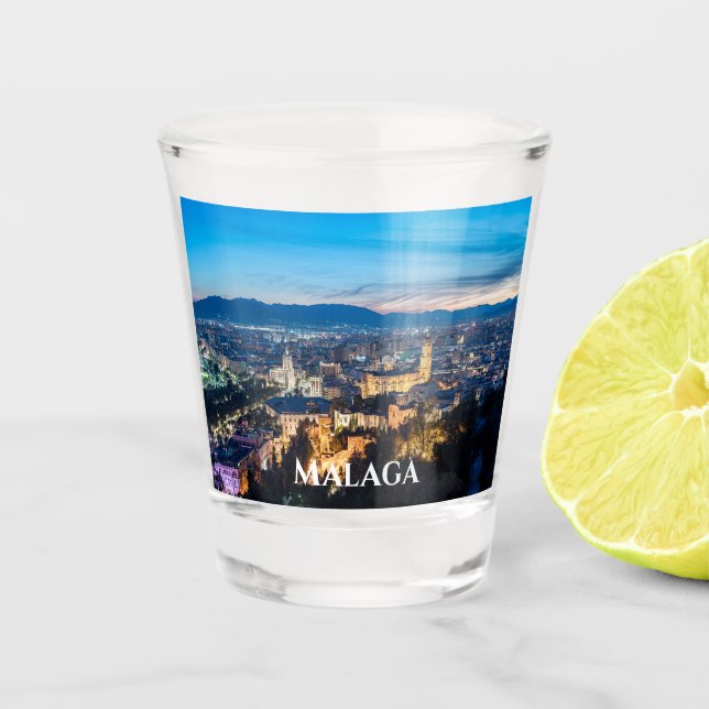 Night view of Malaga Cathedral in Malaga, Spain Shot Glass (Front)