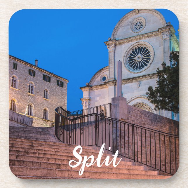 Night view of stairs and church in Split, Croatia Beverage Coaster (Front)