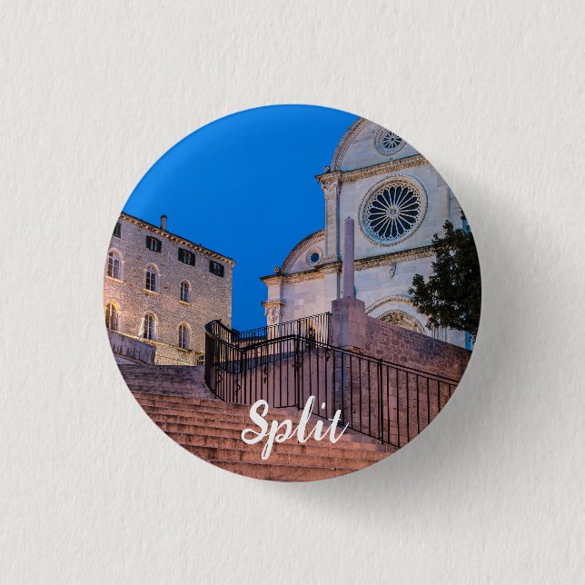 Night view of stairs and church in Split, Croatia Button (Front)