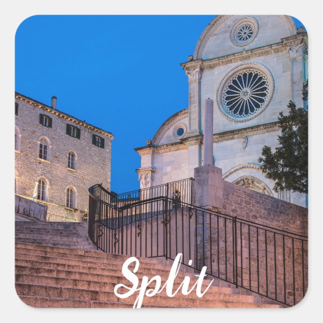 Night view of stairs and church in Split, Croatia Square Sticker (Front)