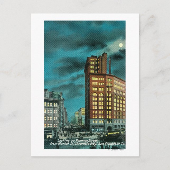 Night View up Kearney St at Chronicle Bldg Postcard (Front)