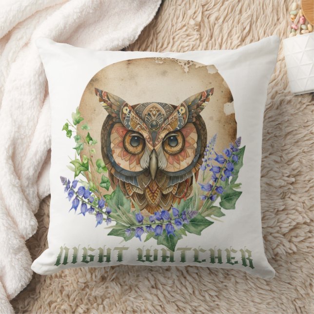 Night Watcher Boho Owl Illustration Throw Pillow (Blanket)