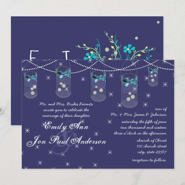 Night Wedding Navy Aqua Yellow Flower Mason Jar Invitation (Front/Back)