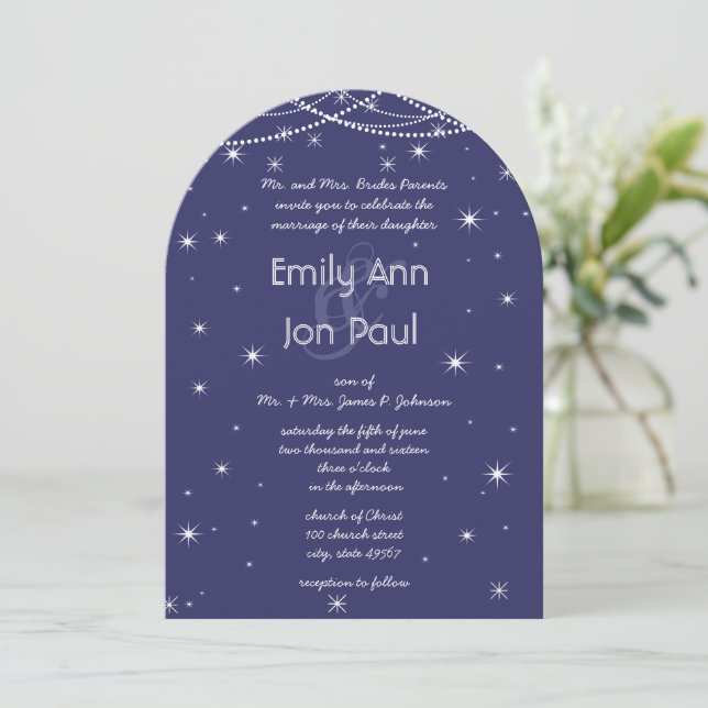 Night Wedding Navy Silver Metallic Stars Garland Invitation (Standing Front)