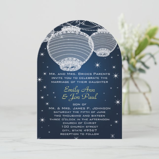 Night Wedding Navy Yellow  Silver Lanterns Stars Invitation (Standing Front)