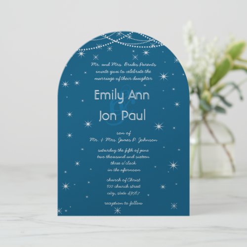 Night Wedding Teal &amp; Silver Metallic Stars Garland Custom Invitation