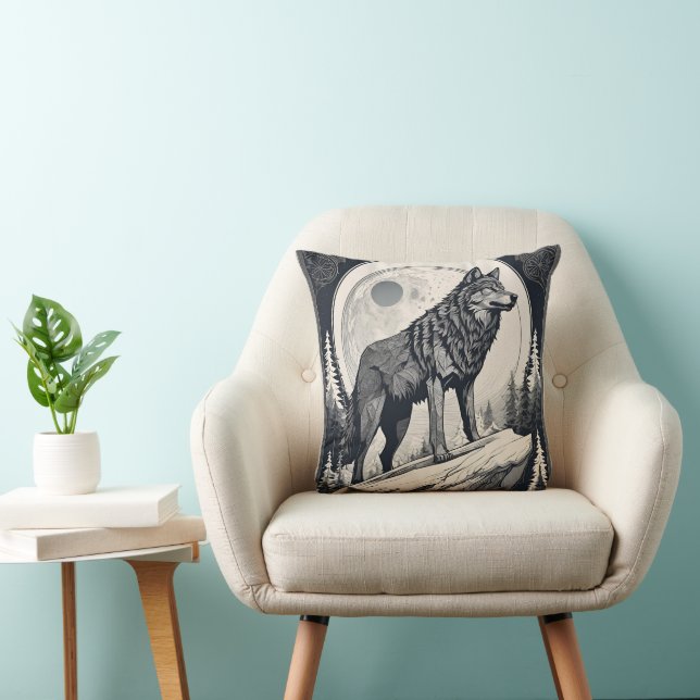 Night Wolf Howl – Moonlight & Forest Esthetic Throw Pillow (Chair)