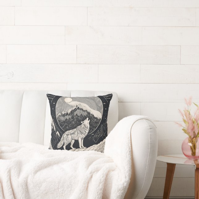 Night Wolf Howl – Moonlight & Forest Esthetic Throw Pillow (Couch)