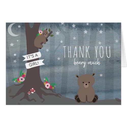 Night Woodland Bear Girl Baby Shower Thank You