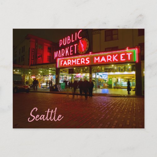 Nightime Scene Seattle Public Market Postcard