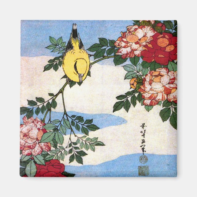 Nightingale & Roses Hokusai Japanese Fine Art Magnet (Front)