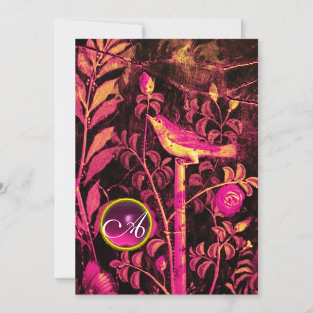 NIGHTINGALE WITH ROSES MONOGRAM, Pink Black Gold Invitation (Front)