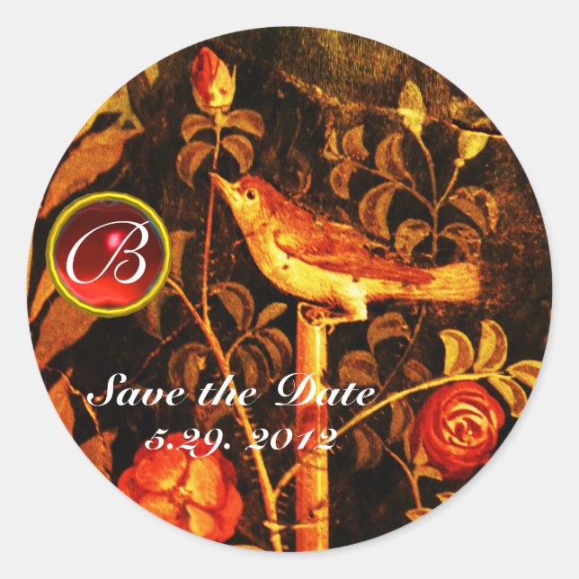 NIGHTINGALE WITH ROSES MONOGRAM Red Yellow Black Classic Round Sticker (Front)