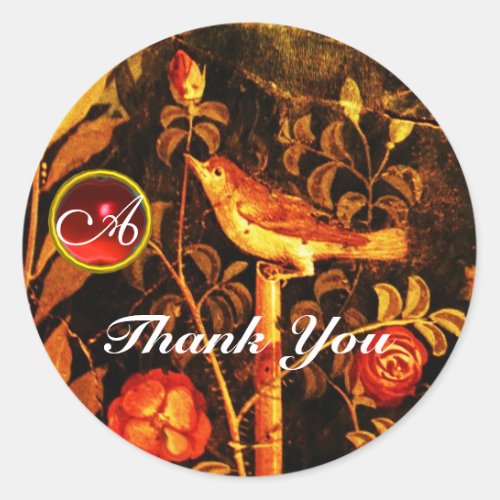 NIGHTINGALE WITH ROSES MONOGRAM Red Yellow Black Classic Round Sticker