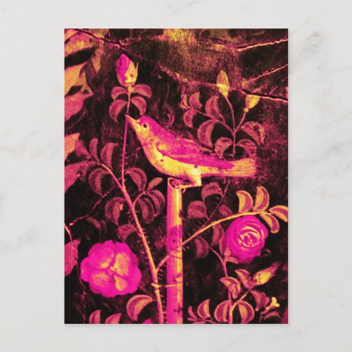 NIGHTINGALE WITH ROSES Pink Fuchsia Black Yellow Postcard