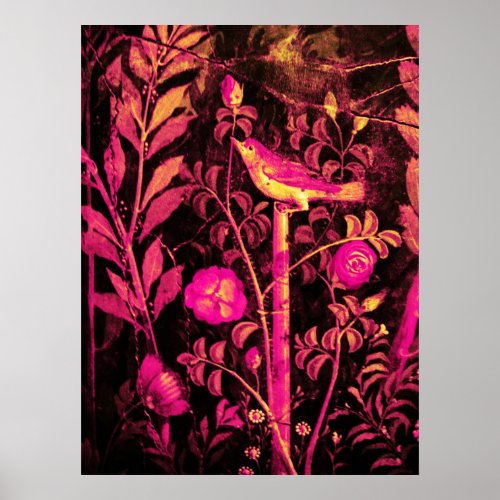 NIGHTINGALE WITH ROSES Pink Fuchsia Black Yellow Poster
