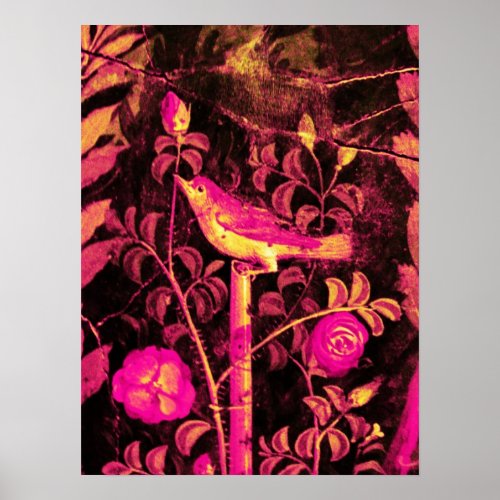 NIGHTINGALE WITH ROSES Pink Fuchsia Black Yellow Poster