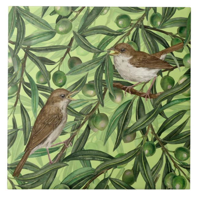 Nightingales in the olive tree 2 ceramic tile (Front)