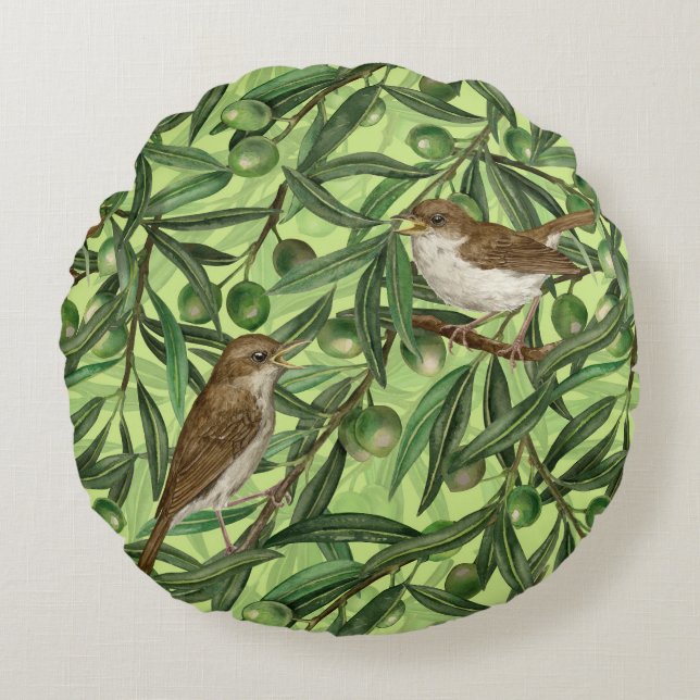 Nightingales in the olive tree 2 round pillow (Front)