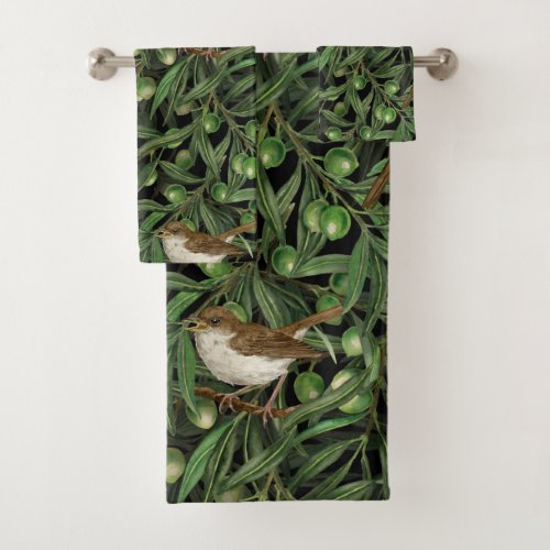 Nightingales in the olive tree 3 bath towel set
