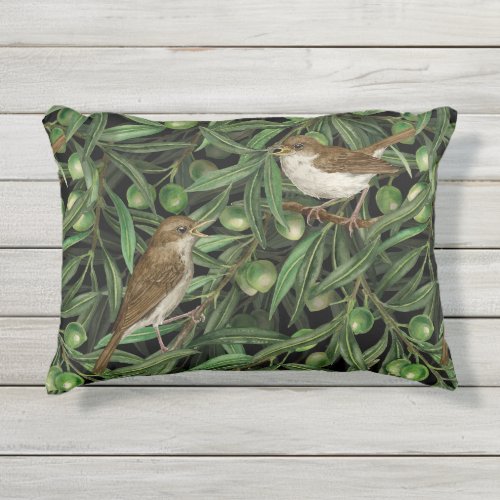 Nightingales in the olive tree 3 outdoor pillow