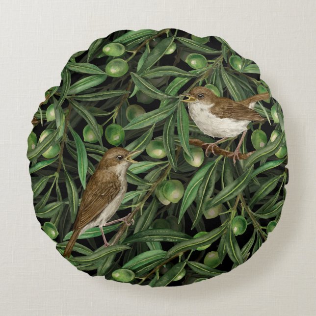 Nightingales in the olive tree 3 round pillow (Front)