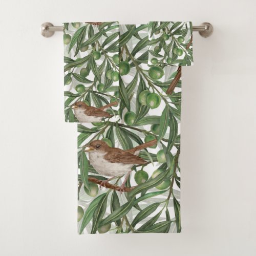 Nightingales in the olive tree bath towel set