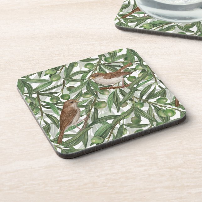 Nightingales in the olive tree beverage coaster (Left Side)