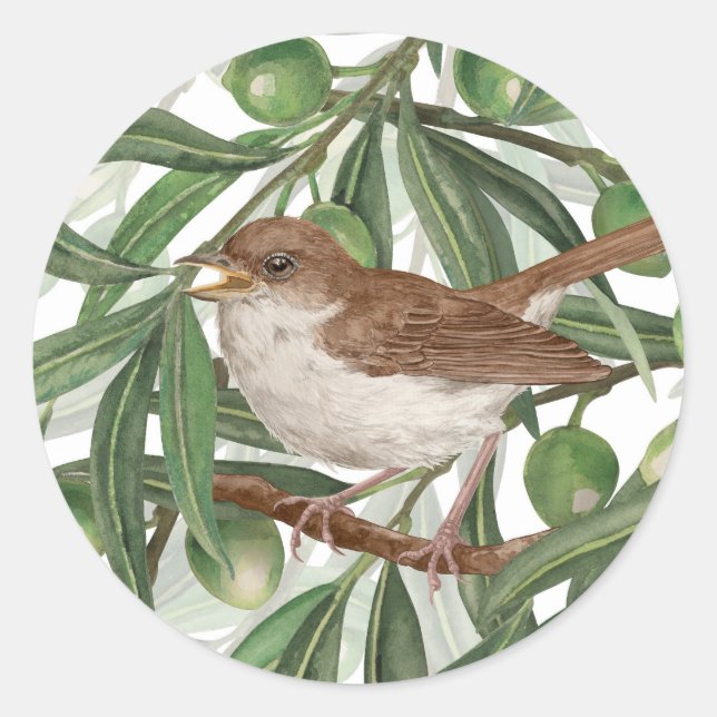 Nightingales in the olive tree classic round sticker (Front)