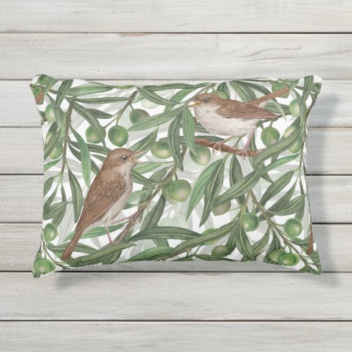 Nightingales in the olive tree outdoor pillow