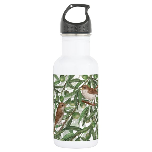 Nightingales in the olive tree stainless steel water bottle (Front)