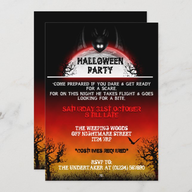 Nightmare Bat Halloween Invitations (Sunset) (Front/Back)
