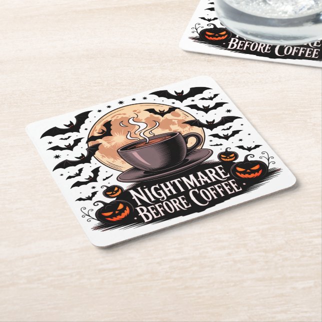 Nightmare Before Coffee Halloween Square Paper Coaster (Angled)