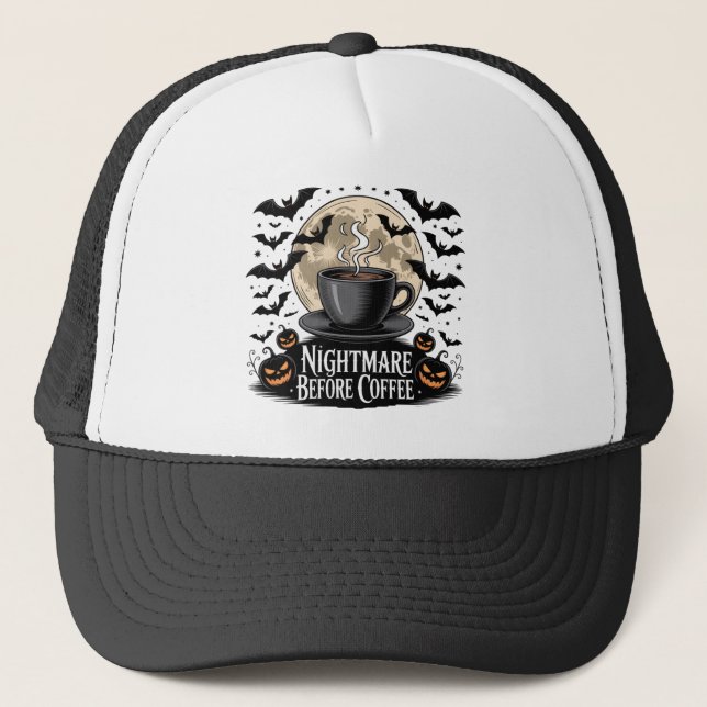Nightmare Before Coffee Halloween Trucker Hat (Front)
