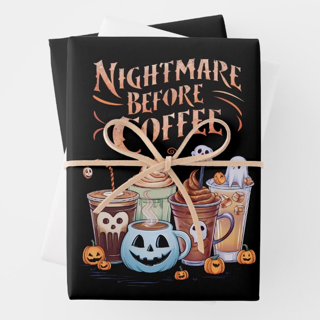 Nightmare Before Coffee Pumpkin Spice Halloween Wrapping Paper Sheets (In situ)