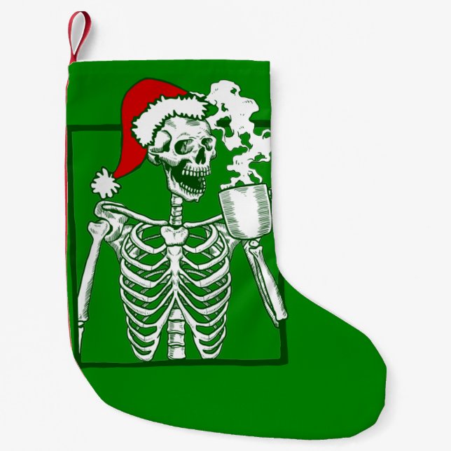 nightmare christmas skeleton drinking coffee skull small christmas stocking (Front)