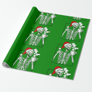 nightmare christmas skeleton drinking coffee skull wrapping paper