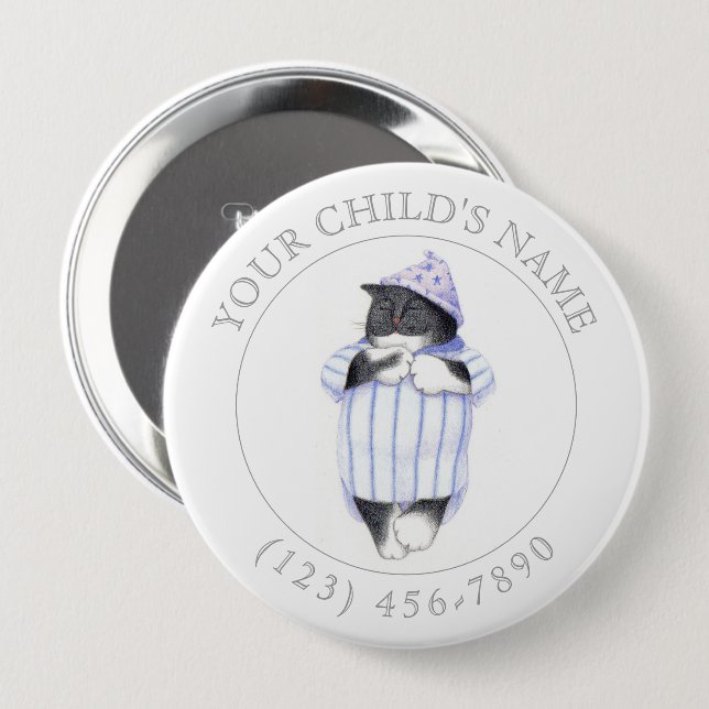 NIGHTSHIRT CAT Child ID Button - White (Front & Back)