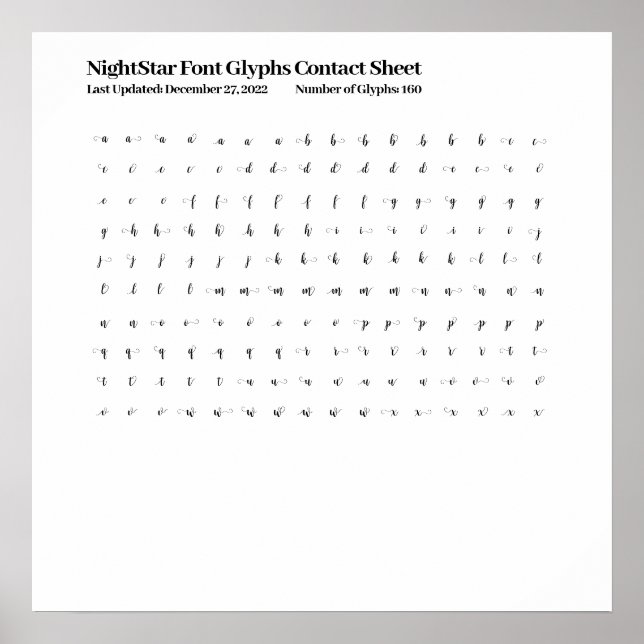 NightStar Font Glyphs Contact Sheet Poster (Front)