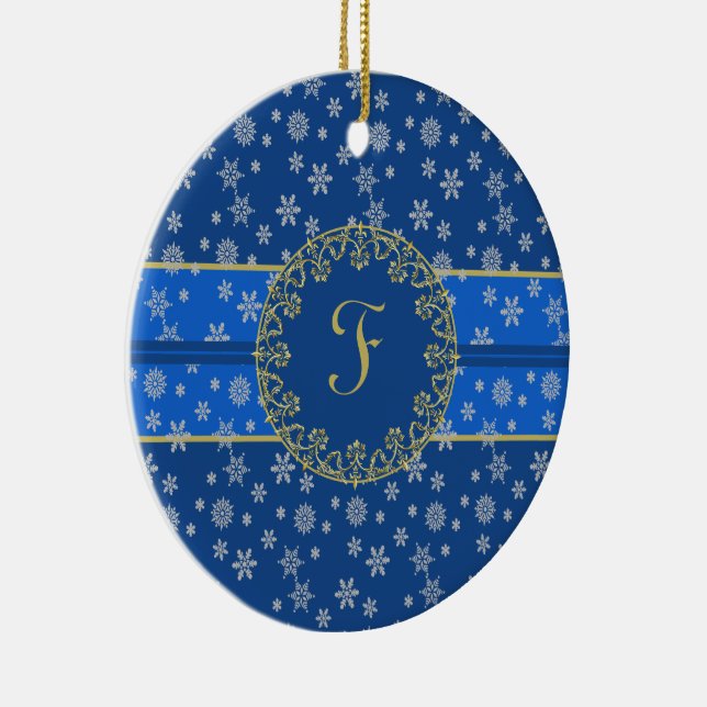 Nighttime and Snowflakes Monogrammed Ceramic Ornament (Right)