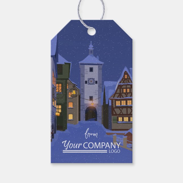 Nighttime Bavarian Town Company Gift Tags (Front)