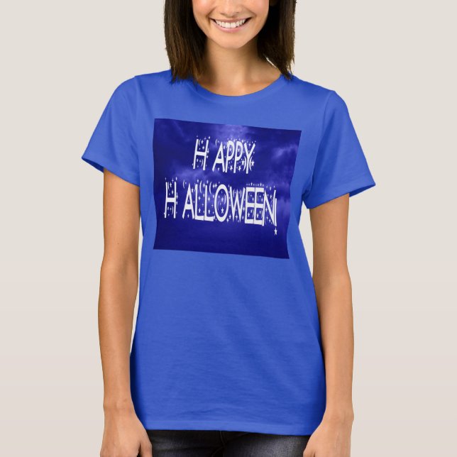 Nighttime Blue Happy Halloween Text Ladies T-Shirt (Front)