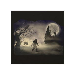 Nighttime Forest - Raven and Bigfoot Wood Canvas
