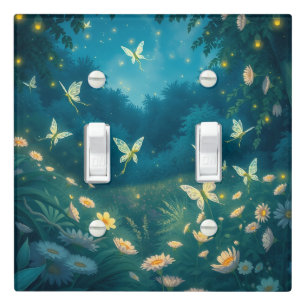 Nighttime garden with flowers and fireflies light switch cover