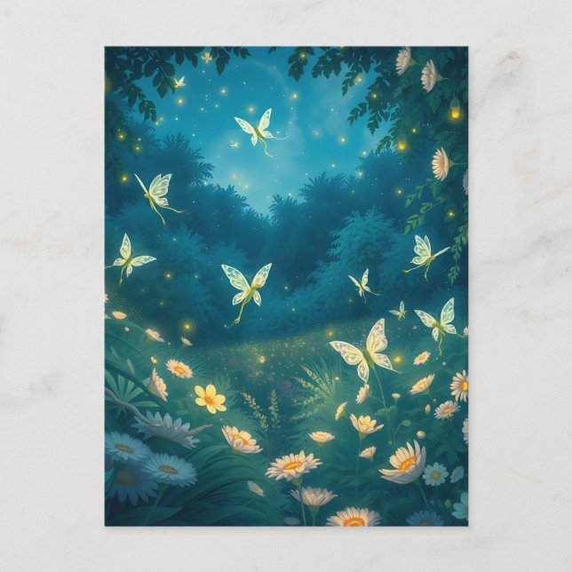 Nighttime garden with flowers and fireflies postcard (Front)