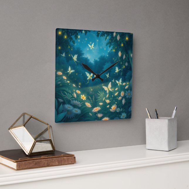 Nighttime garden with flowers and fireflies square wall clock (Office)