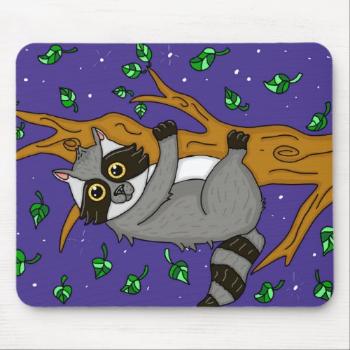 Nighttime Raccoon Hanging from Tree Branch Mouse Pad